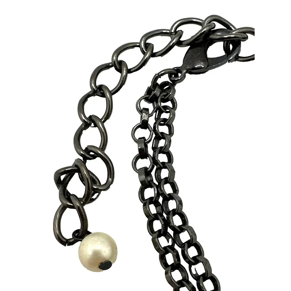 Vintage Faux Pearl Dangle Collar Necklace Black Chain Tribal Choker 14